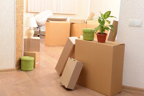 Packing boxes and furniture prepared for long-term storage
